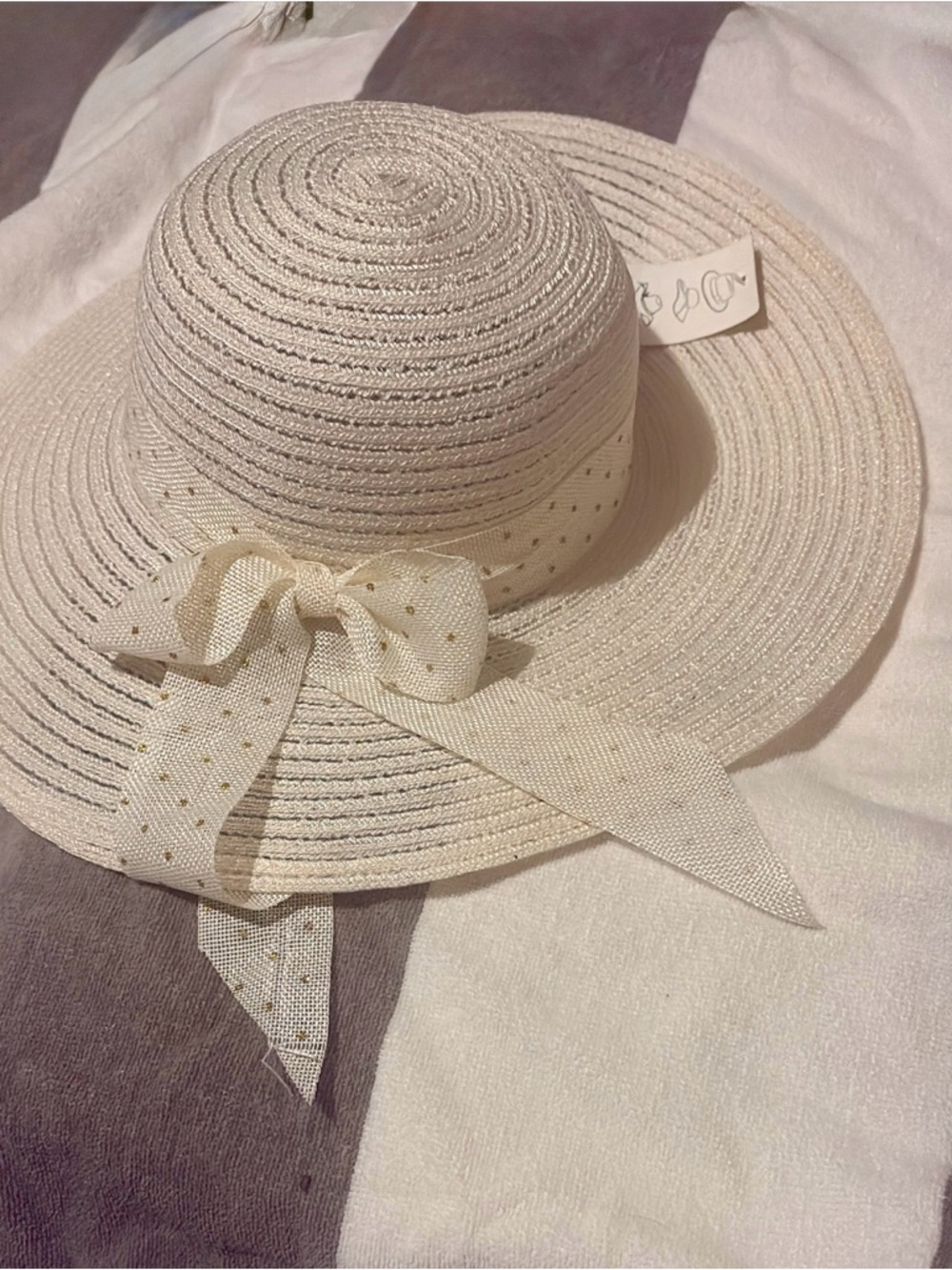 Straw Sun Hat with Polka Dot Ribbon - White